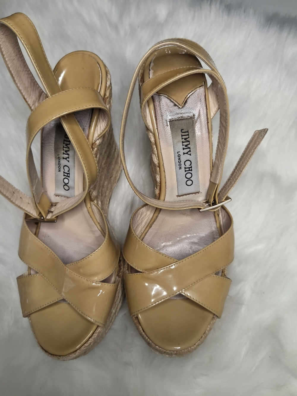 Jimmy Choo Tan Patent Leather Espadrille Wedge Sandals Size 7 - Picture 3 of 10